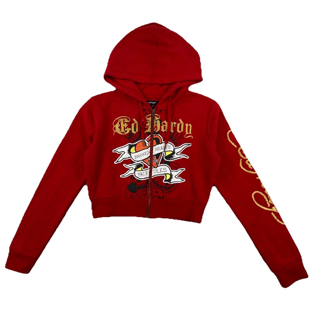 Ed Hardy Skull Heart Tattoo Hoodie Women's Medium Red Cropped